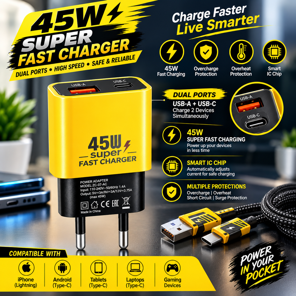 45W Super Fast Charger – Dual USB-A & USB-C Fast Charging Adapter |Rs-1295