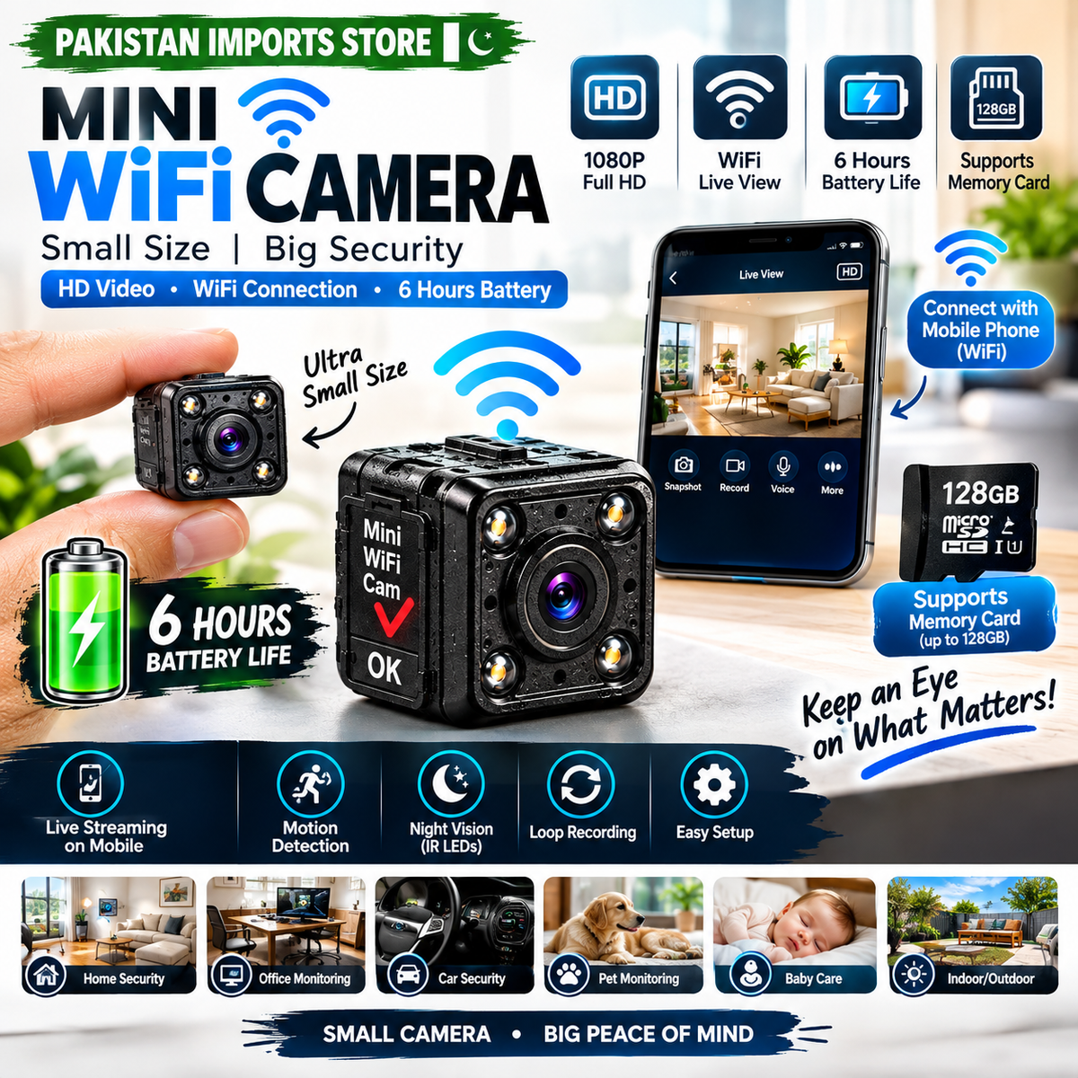 Ultra Mini WiFi Camera 1080P HD – 6 Hours Battery, Night Vision & Memory Card Support