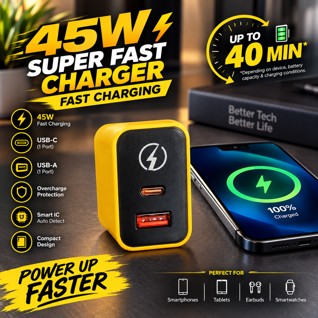 45W Super Fast Charger – Dual USB-A & USB-C Fast Charging Adapter |Rs-1295